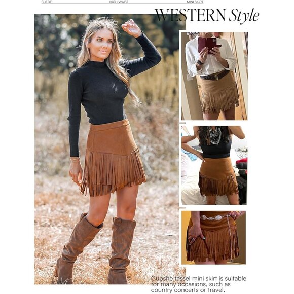 Women Fringe Skirt Western Cowgirl Terra High Waist Mini Skirt Orange Brown - Picture 2 of 7
